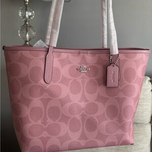Coach Pink Signature Canvas Tote with Leather Trim